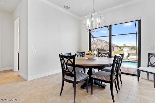 dining area featuring a notable chandelier, visible vents, ornamental molding, light tile patterned flooring, and baseboards