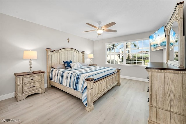 bedroom featuring ceiling fan, light wood finished floors, and baseboards