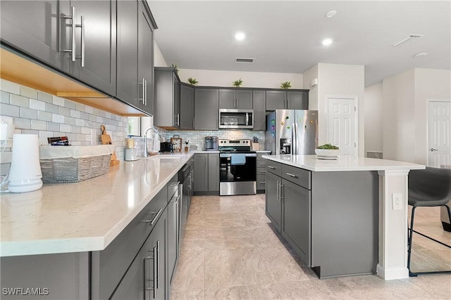 kitchen with visible vents, decorative backsplash, a center island, stainless steel appliances, and a sink
