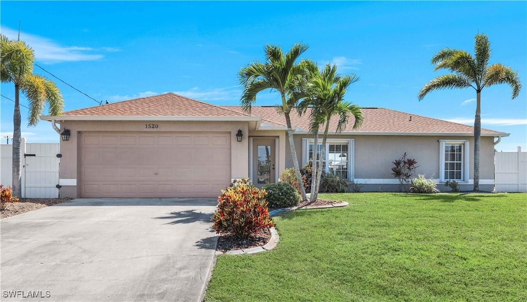 ranch-style house with stucco siding, a front yard, concrete driveway, and an attached garage