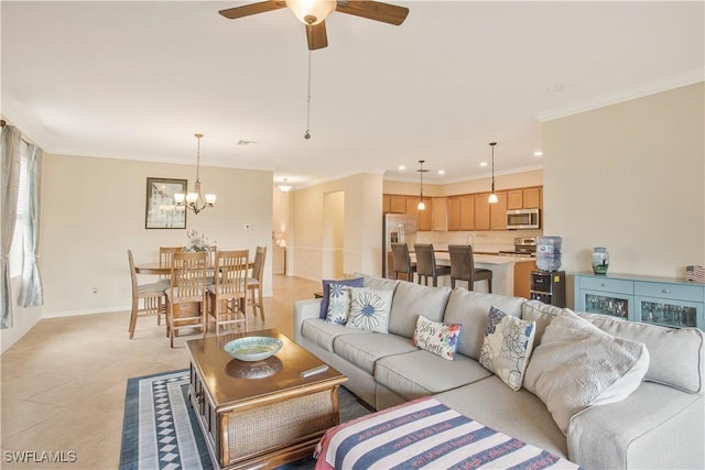 living room with recessed lighting, ceiling fan with notable chandelier, crown molding, and baseboards