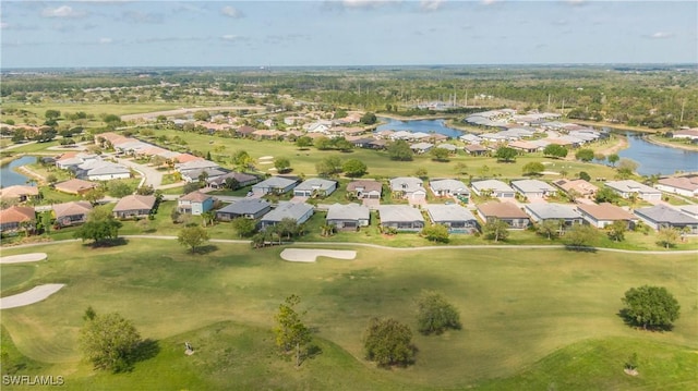 bird's eye view featuring a residential view, golf course view, and a water view