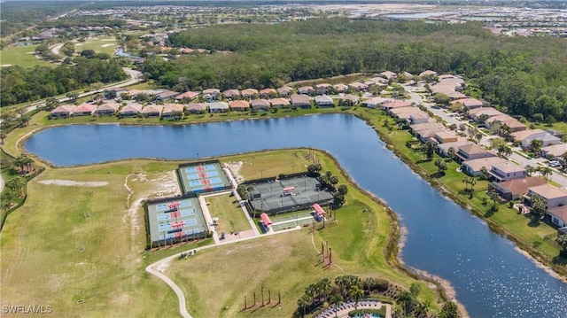 aerial view featuring a residential view and a water view