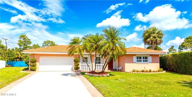 ranch-style home with concrete driveway, a front lawn, and stucco siding