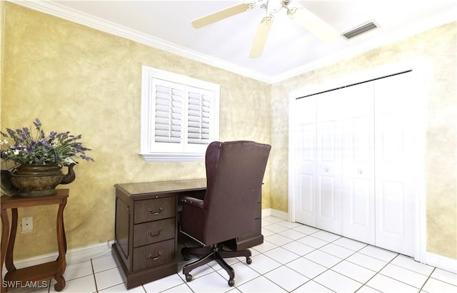 office space featuring light tile patterned floors, a ceiling fan, visible vents, and crown molding