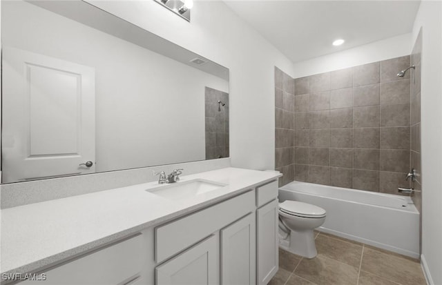 bathroom featuring recessed lighting, toilet, washtub / shower combination, vanity, and tile patterned flooring