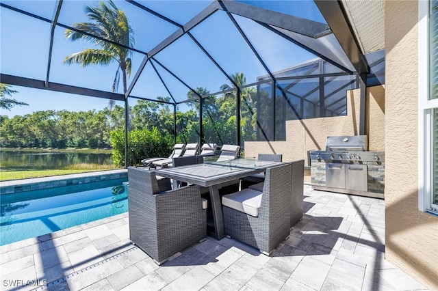 view of patio featuring outdoor dining area, a lanai, area for grilling, grilling area, and an outdoor pool