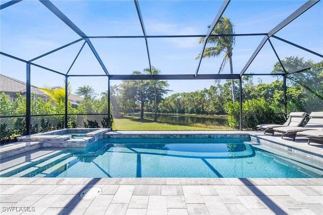 view of swimming pool with glass enclosure, a pool with connected hot tub, and a patio area