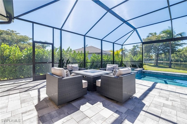 view of patio with an outdoor living space with a fire pit, a lanai, and a pool with connected hot tub