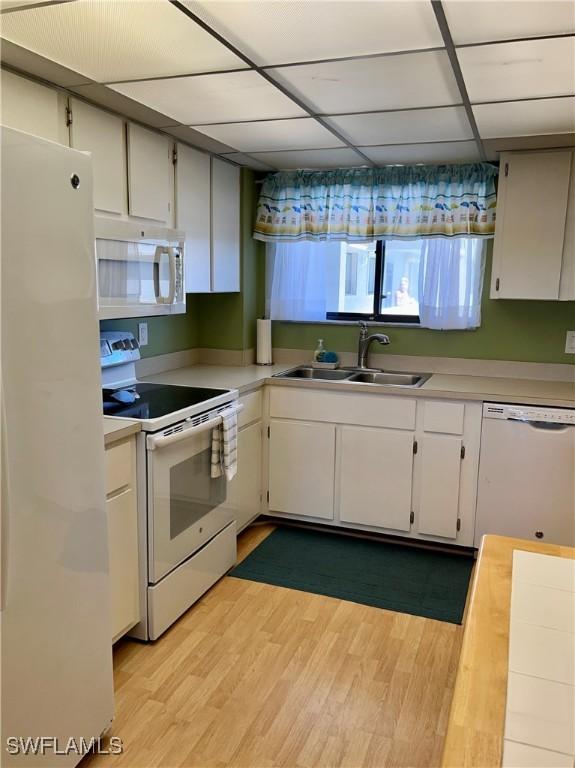 kitchen with light countertops, light wood-style flooring, a sink, white appliances, and a drop ceiling