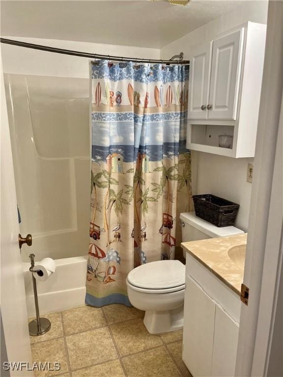 full bathroom featuring tile patterned flooring, shower / bathtub combination with curtain, toilet, and vanity