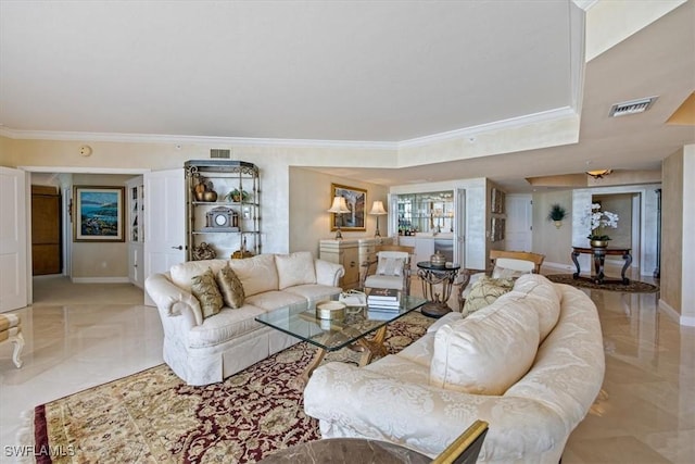 living area with baseboards, visible vents, and ornamental molding