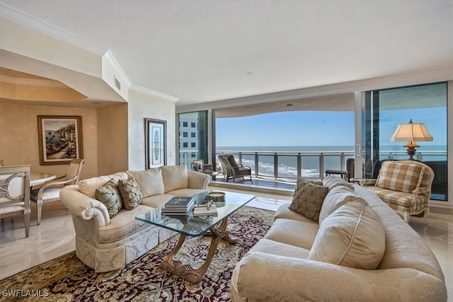 living area with expansive windows, visible vents, a water view, and ornamental molding