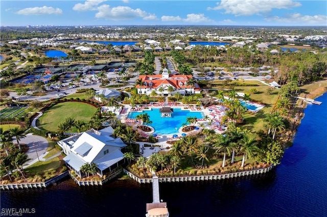 aerial view featuring a water view