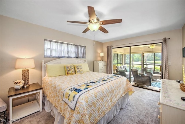bedroom featuring access to outside, ceiling fan, and carpet flooring