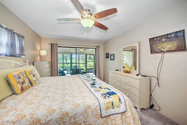 carpeted bedroom featuring a ceiling fan and access to outside
