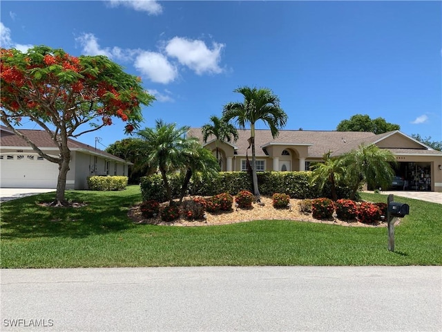 view of front of house featuring an attached garage, stucco siding, driveway, and a front yard