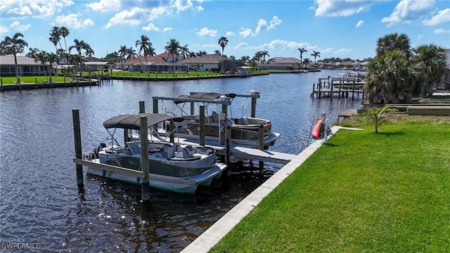 dock area with boat lift, a residential view, a lawn, and a water view