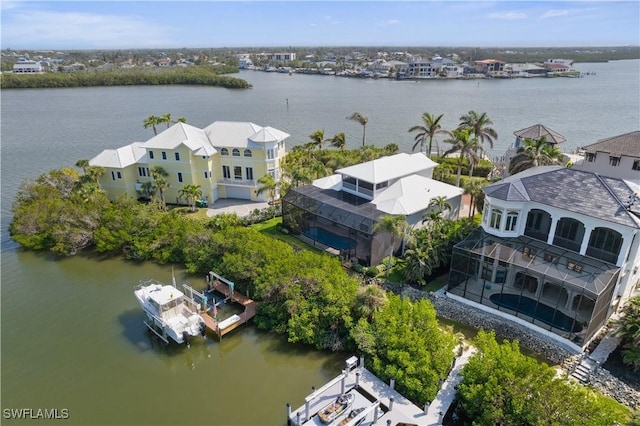 aerial view featuring a water view