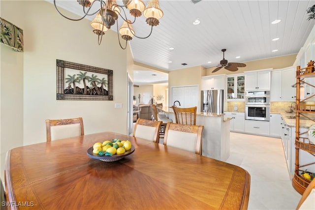 dining room featuring recessed lighting, wooden ceiling, and ceiling fan with notable chandelier