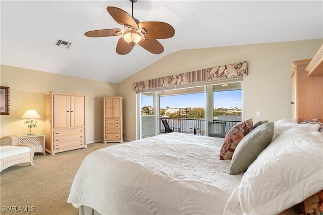 bedroom featuring visible vents, lofted ceiling, ceiling fan, light carpet, and access to outside