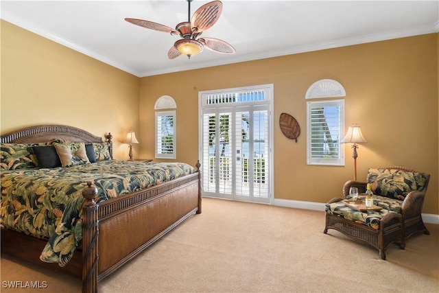 bedroom with light carpet, a ceiling fan, access to outside, crown molding, and baseboards