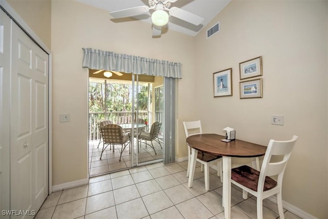 dining room featuring ceiling fan, a sunroom, light tile patterned flooring, and visible vents