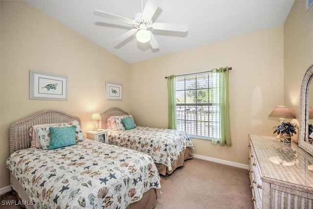 bedroom featuring light carpet, visible vents, baseboards, a ceiling fan, and vaulted ceiling