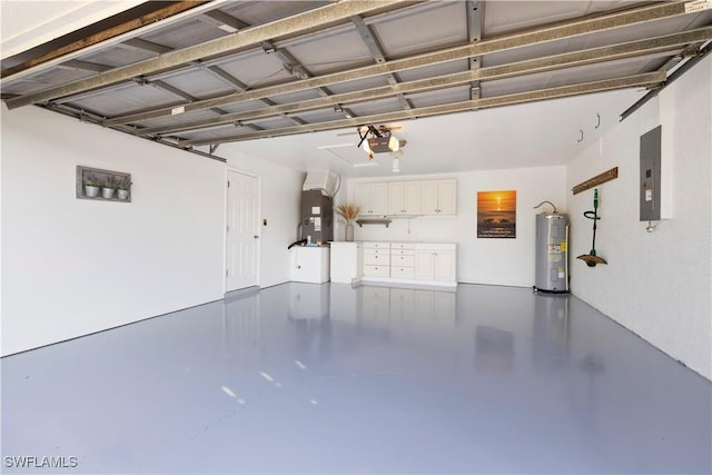 garage featuring a garage door opener, electric panel, water heater, and heating unit