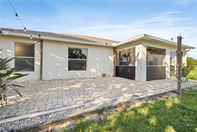 rear view of property with a sunroom, a patio, and stucco siding