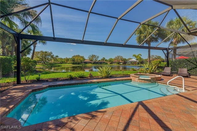 view of pool featuring a patio area, a water view, a pool with connected hot tub, and a lanai