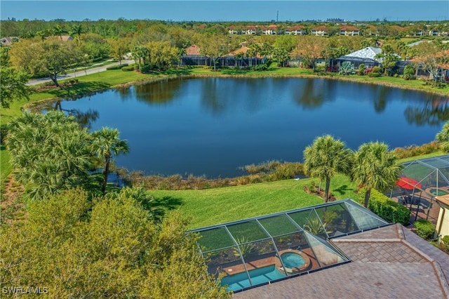 drone / aerial view with a water view