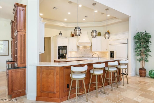 kitchen with custom exhaust hood, backsplash, black appliances, and crown molding