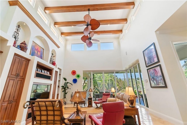 interior space featuring beam ceiling, a healthy amount of sunlight, a sunroom, and ceiling fan