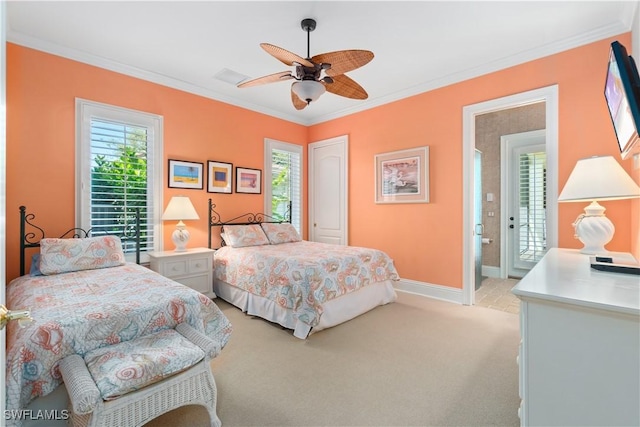 bedroom with multiple windows, light carpet, and ornamental molding