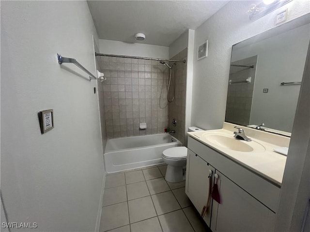 full bathroom with tile patterned flooring, visible vents, shower / washtub combination, toilet, and vanity