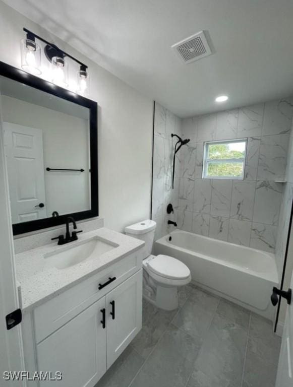 bathroom featuring shower / bathtub combination, toilet, vanity, visible vents, and marble finish floor