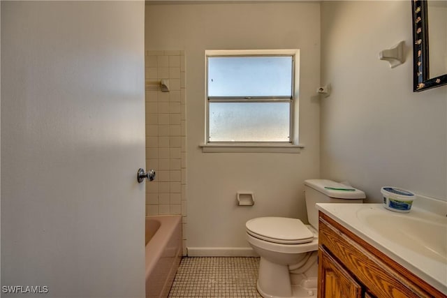 full bathroom with toilet, baseboards, vanity, and tile patterned floors