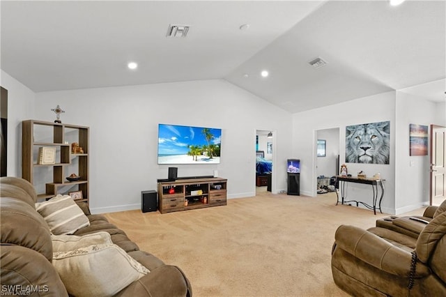 living room with light colored carpet, vaulted ceiling, visible vents, and baseboards