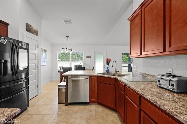 kitchen with visible vents, black refrigerator with ice dispenser, stainless steel dishwasher, a sink, and a peninsula