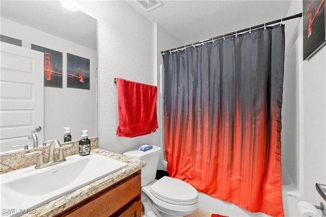 full bath featuring visible vents, a textured wall, toilet, shower / bath combination with curtain, and vanity