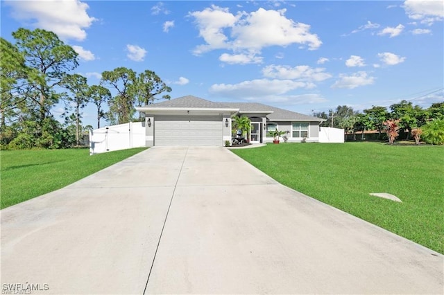 view of front of property featuring an attached garage, fence, concrete driveway, and a front yard