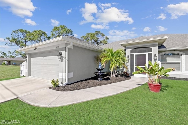 view of front of house featuring driveway, roof with shingles, a front yard, and stucco siding