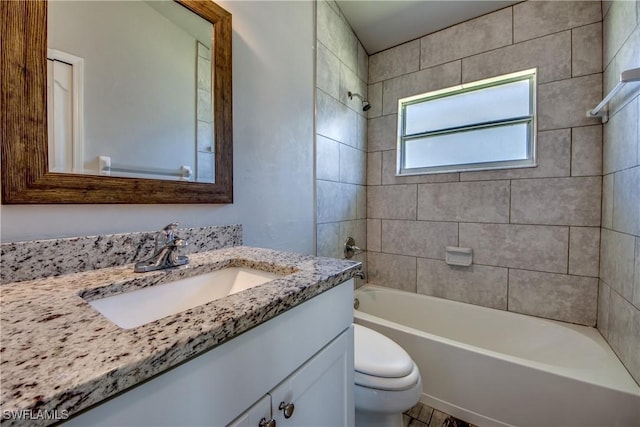 full bathroom featuring toilet,  shower combination, and vanity