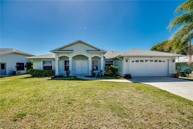 ranch-style house featuring a front lawn, driveway, an attached garage, and stucco siding