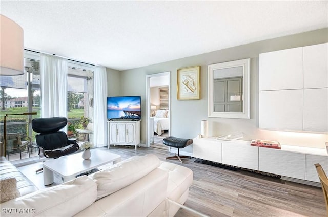 living room with expansive windows and wood finished floors