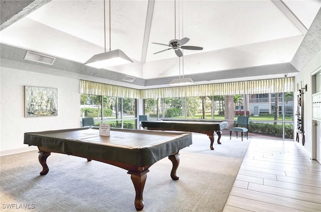 recreation room featuring a ceiling fan, pool table, visible vents, and lofted ceiling