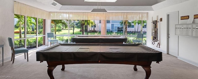 recreation room featuring carpet floors, billiards, and visible vents