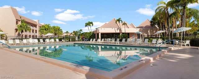 view of pool with a patio and fence