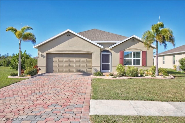 ranch-style home with a garage, a front lawn, decorative driveway, and stucco siding